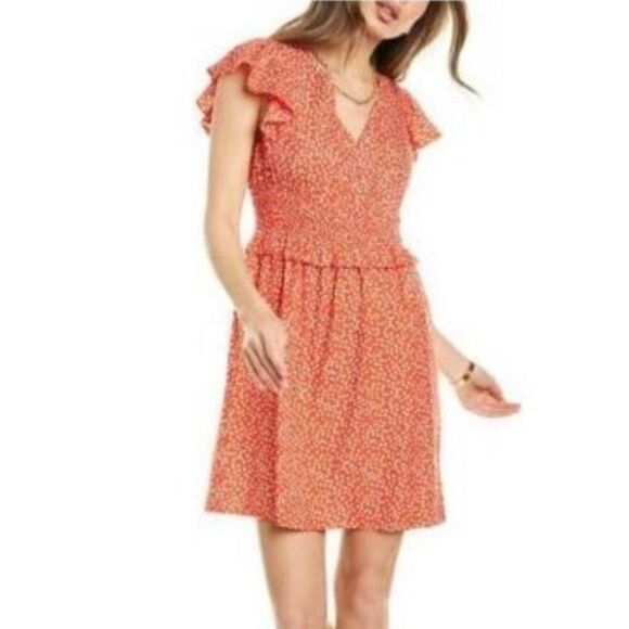 Rebecca Taylor red floral smocked waist flutter sleeve dress M - Picture 1 of 11